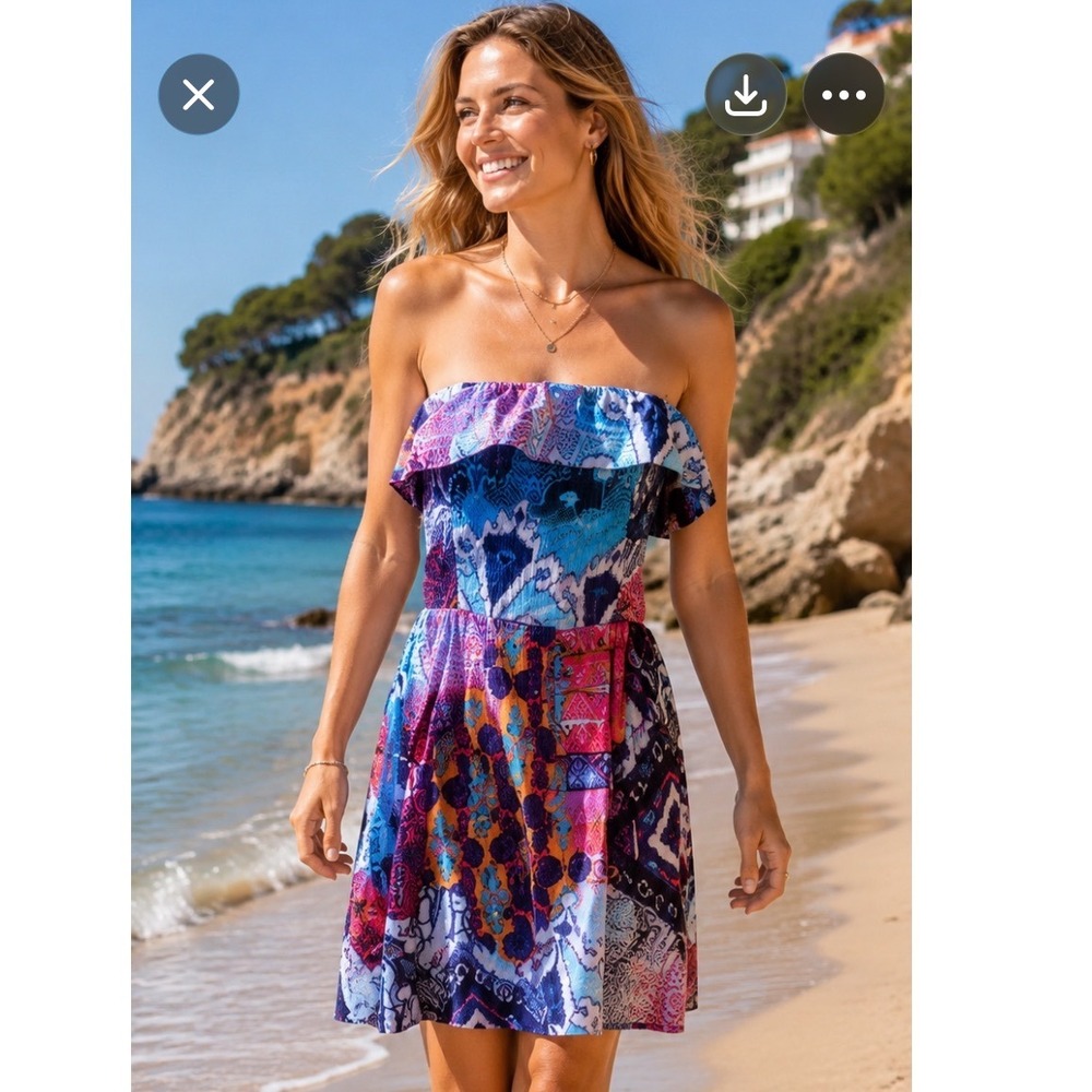 OP Strapless Patchwork Ruffle L Dress Multi-Color Smocked Dress NWT